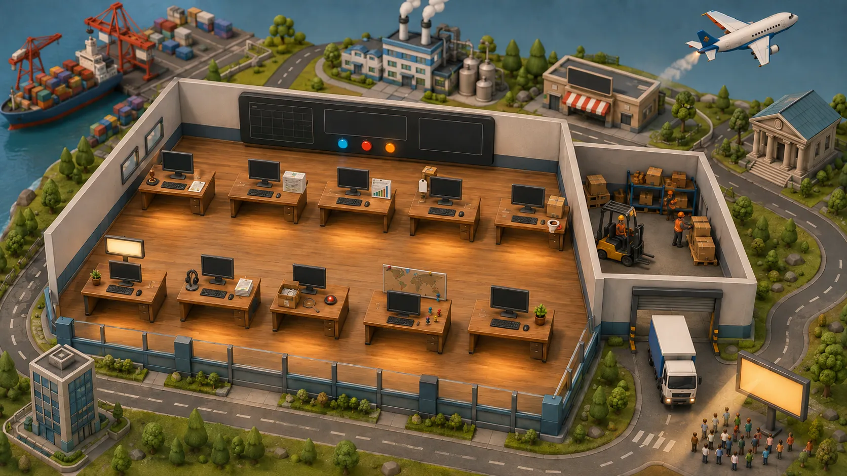 A simulated e-commerce office: ten named agents — Atlas, Nova, Pixel, Coco, Echo, Finn, Scout, Bolt, Stack and Sage — at their desks, with the warehouse, port and city around them