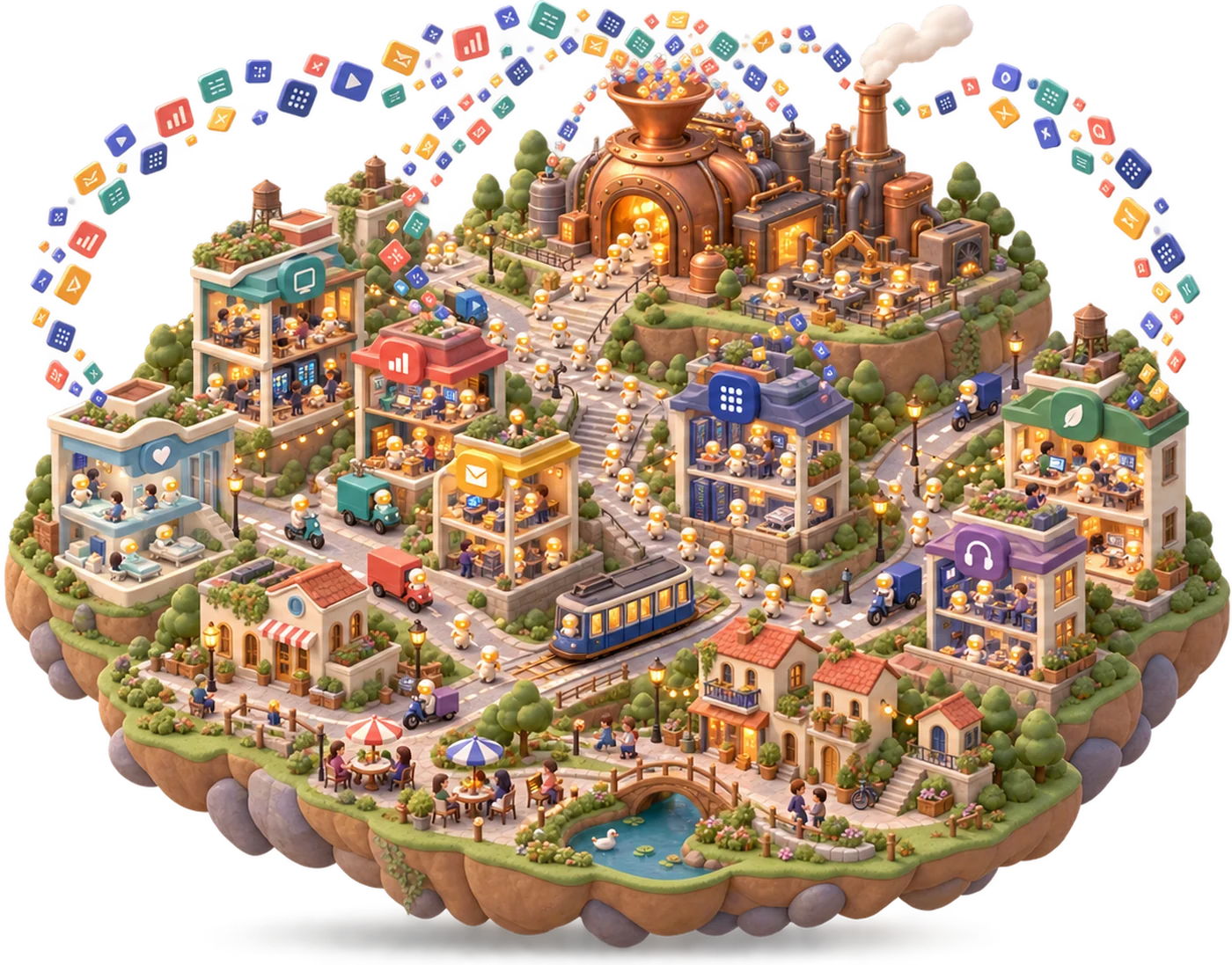 An isometric city of miniature companies, each one a simulated firm