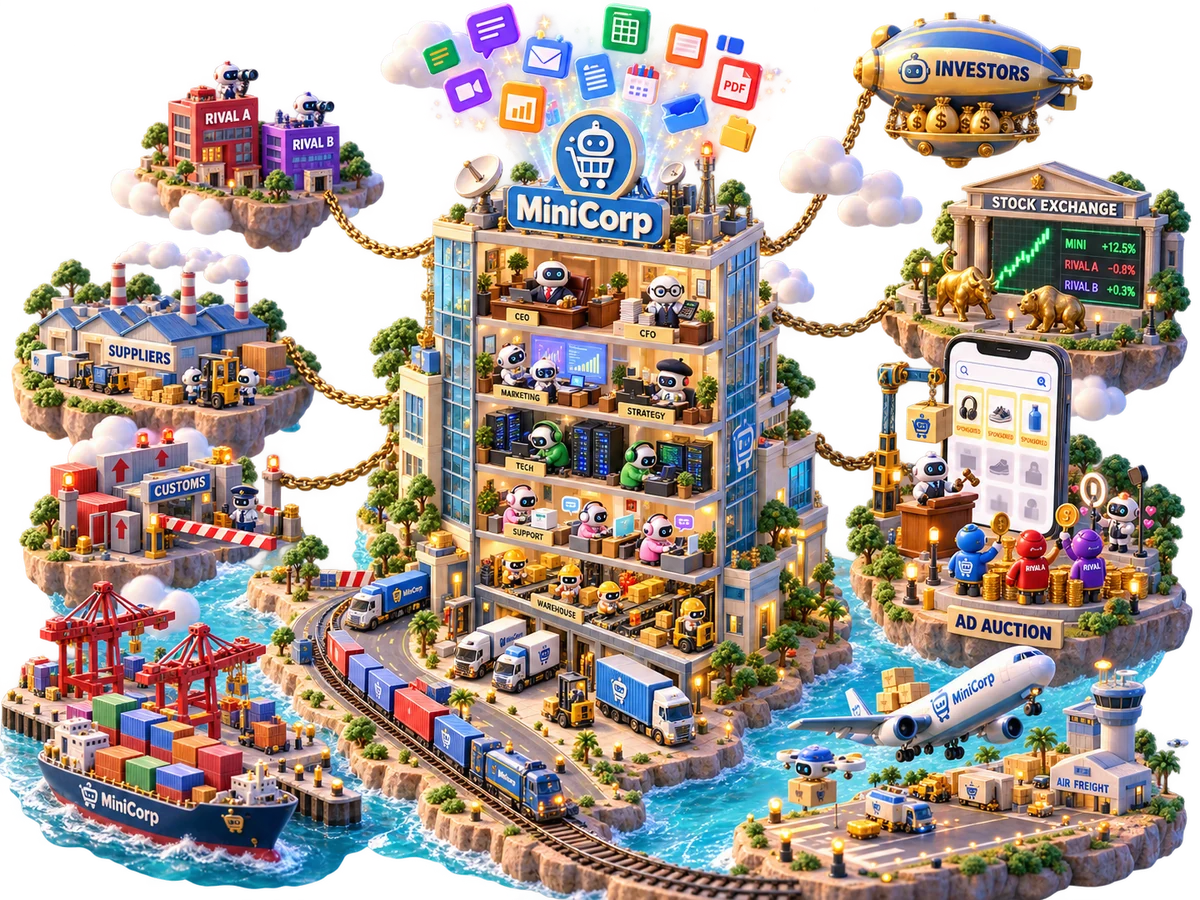 MiniCorp as a simulated company: a head office tower ringed by supplier, customs, freight, investor, stock-exchange and ad-auction islands